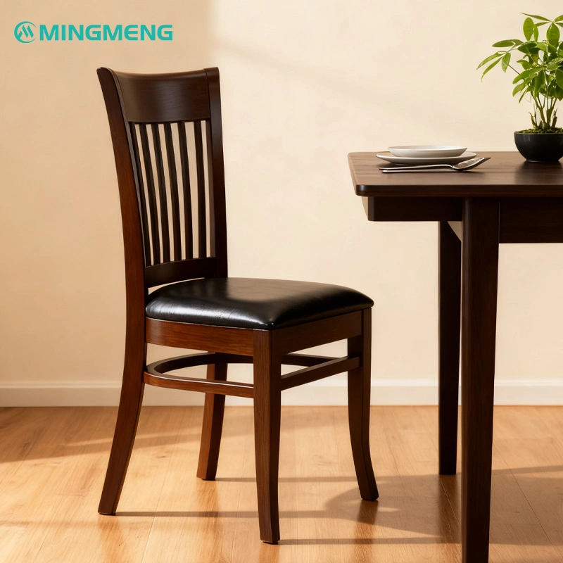 High Back Wooden Restaurant Chair with PU Leather Seat2 Mingmeng wooden restaurant chair with vertical slatted back and black leather cushion for dining and cafe use
