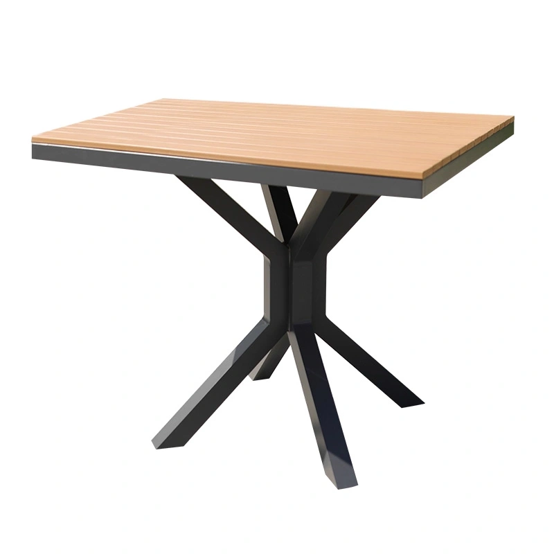WPC Slatted Top with Aluminum X-Base Outdoor Table1 WPC outdoor table with a modern cross-legged metal base and slatted wooden top.