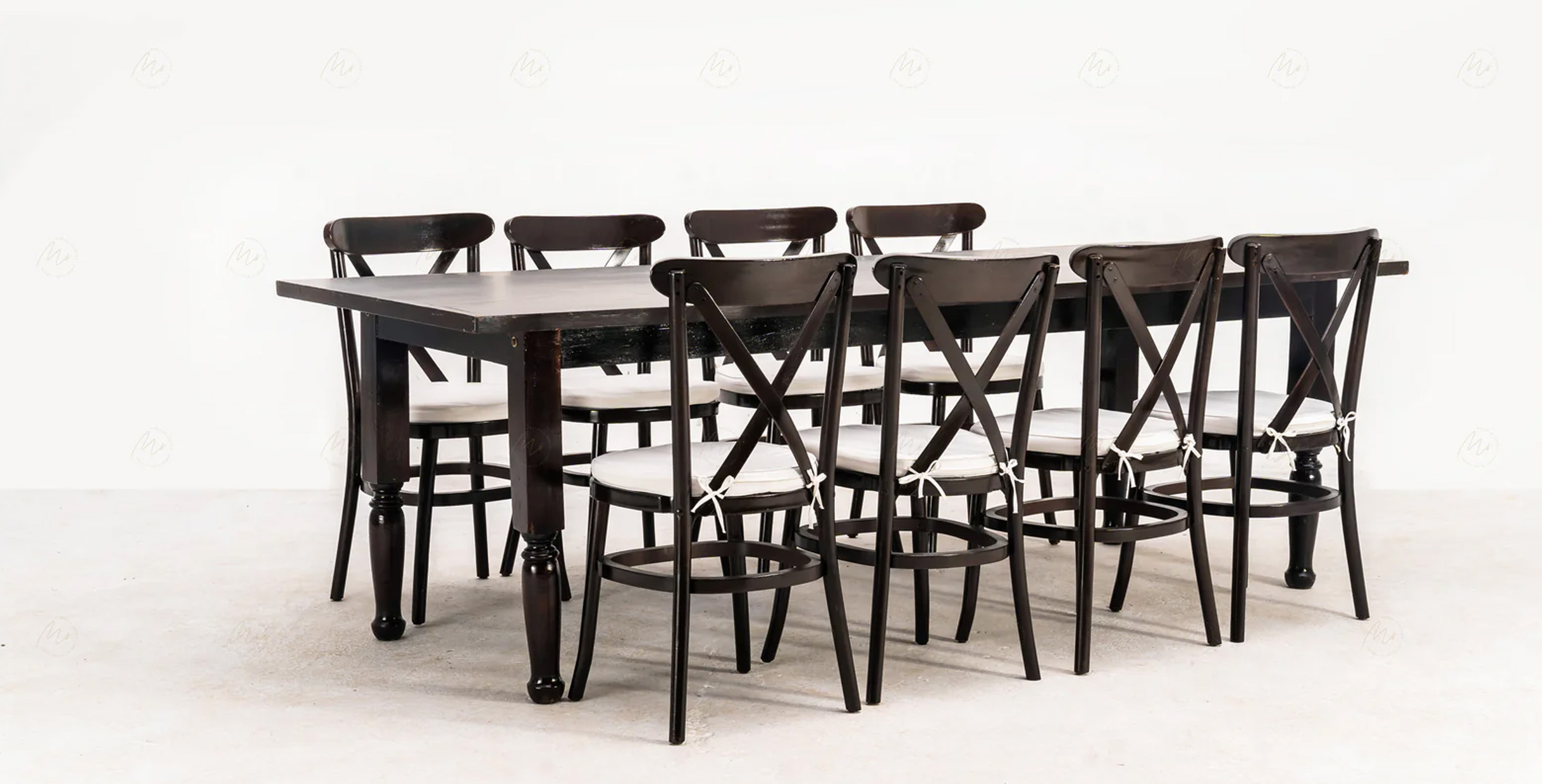 2025 Best Materials for Restaurant Furniture Chairs — Wood, Metal, or Upholstered?1 Classic wooden restaurant dining table set with eight cross-back chairs and white seat cushions