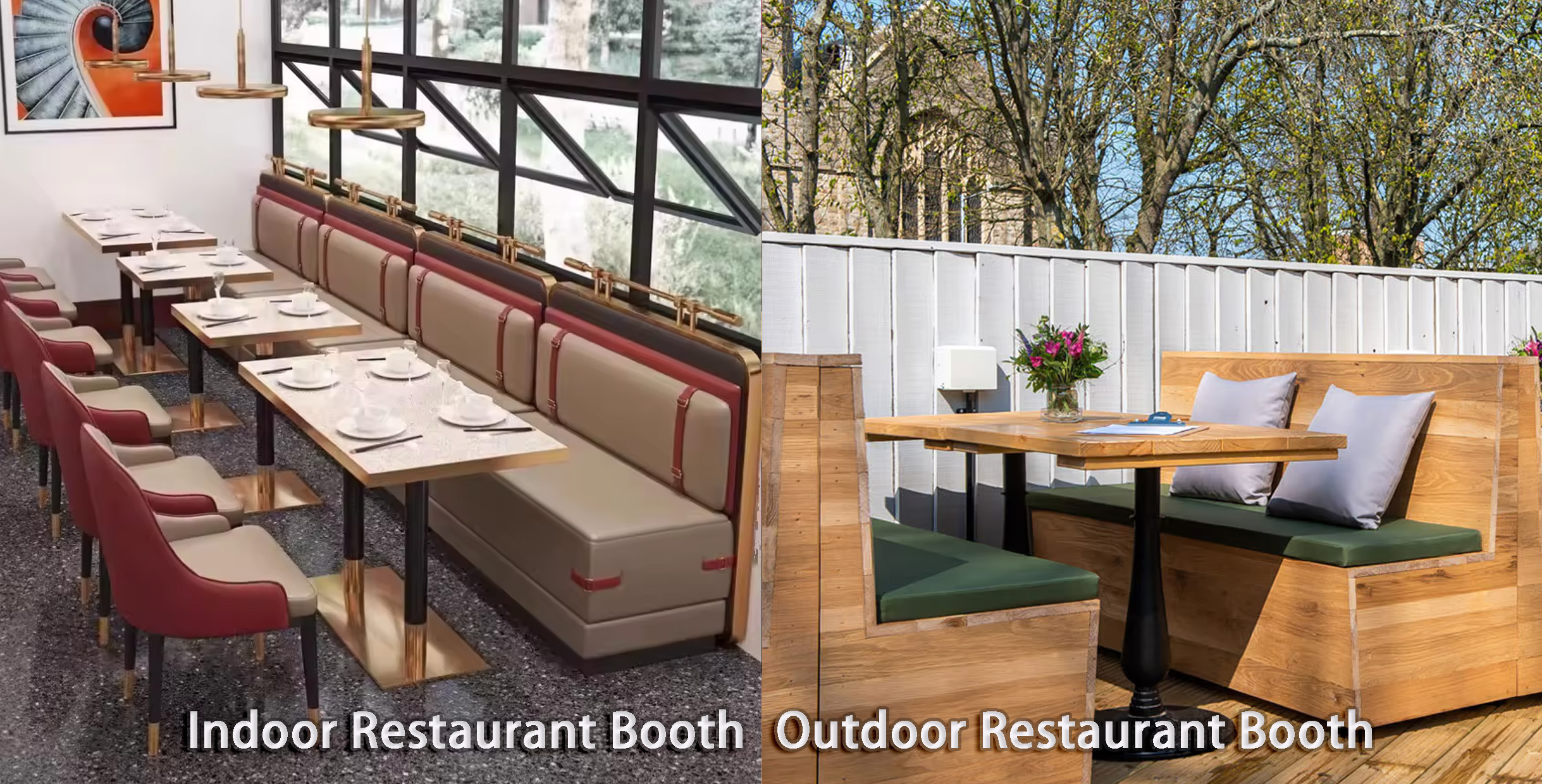 Comparison of indoor restaurant booth with leather upholstery and outdoor wooden booth seating with cushions