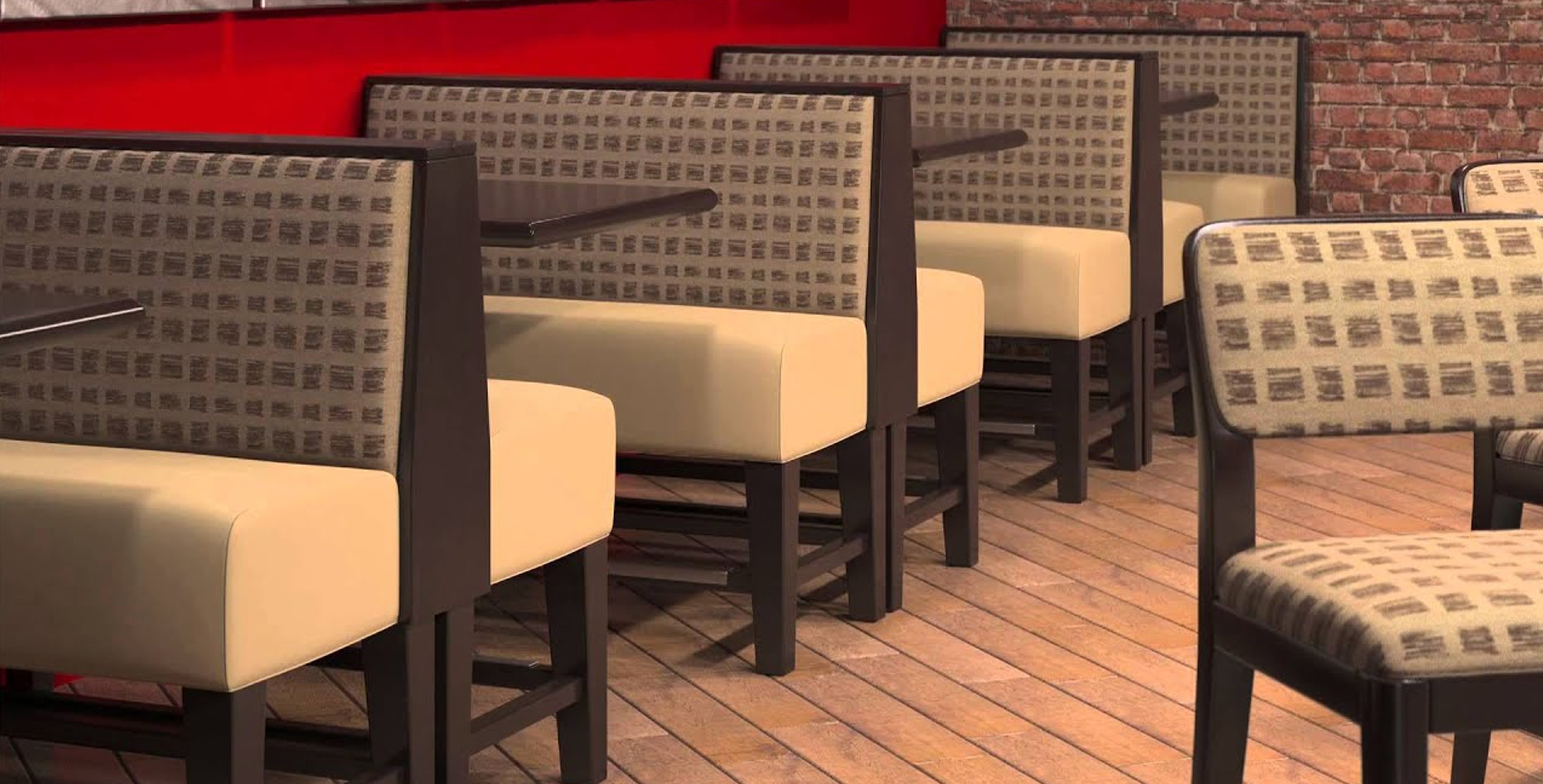 Custom Restaurant Booths | Design, Build & Installation Process 20254 Modern restaurant booth seating with upholstered backs and wood frames in a contemporary dining space