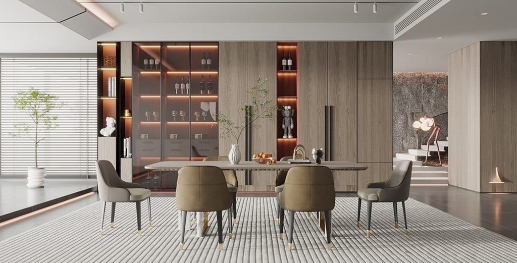 2025 Best Materials for Restaurant Furniture Chairs — Wood, Metal, or Upholstered?10 Modern restaurant dining room with upholstered chairs and sleek rectangular table in a minimalist wood interior