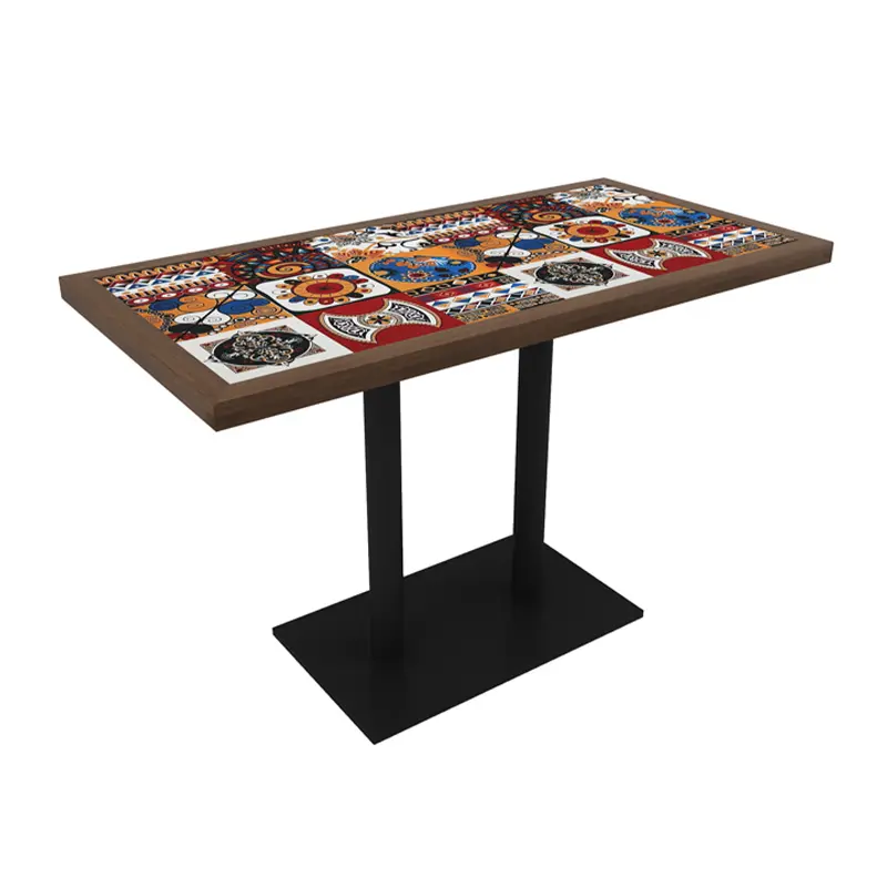 Colorful Vintage Ceramic Restaurant Table3 Rectangular restaurant table with colorful ceramic tile top and dual black metal base