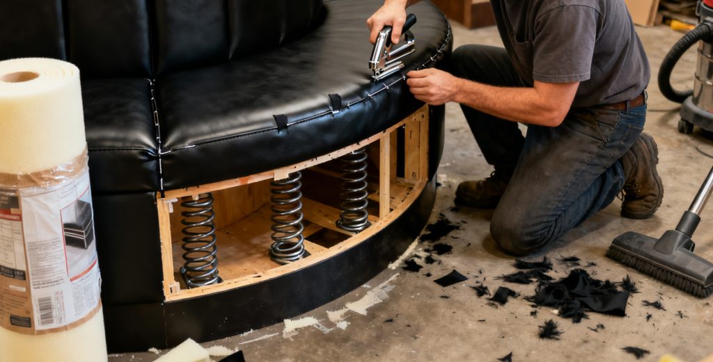 Custom Restaurant Booths | Design, Build & Installation Process 20252 Craftsman upholstering a custom curved restaurant booth with black leather and coil springs in workshop