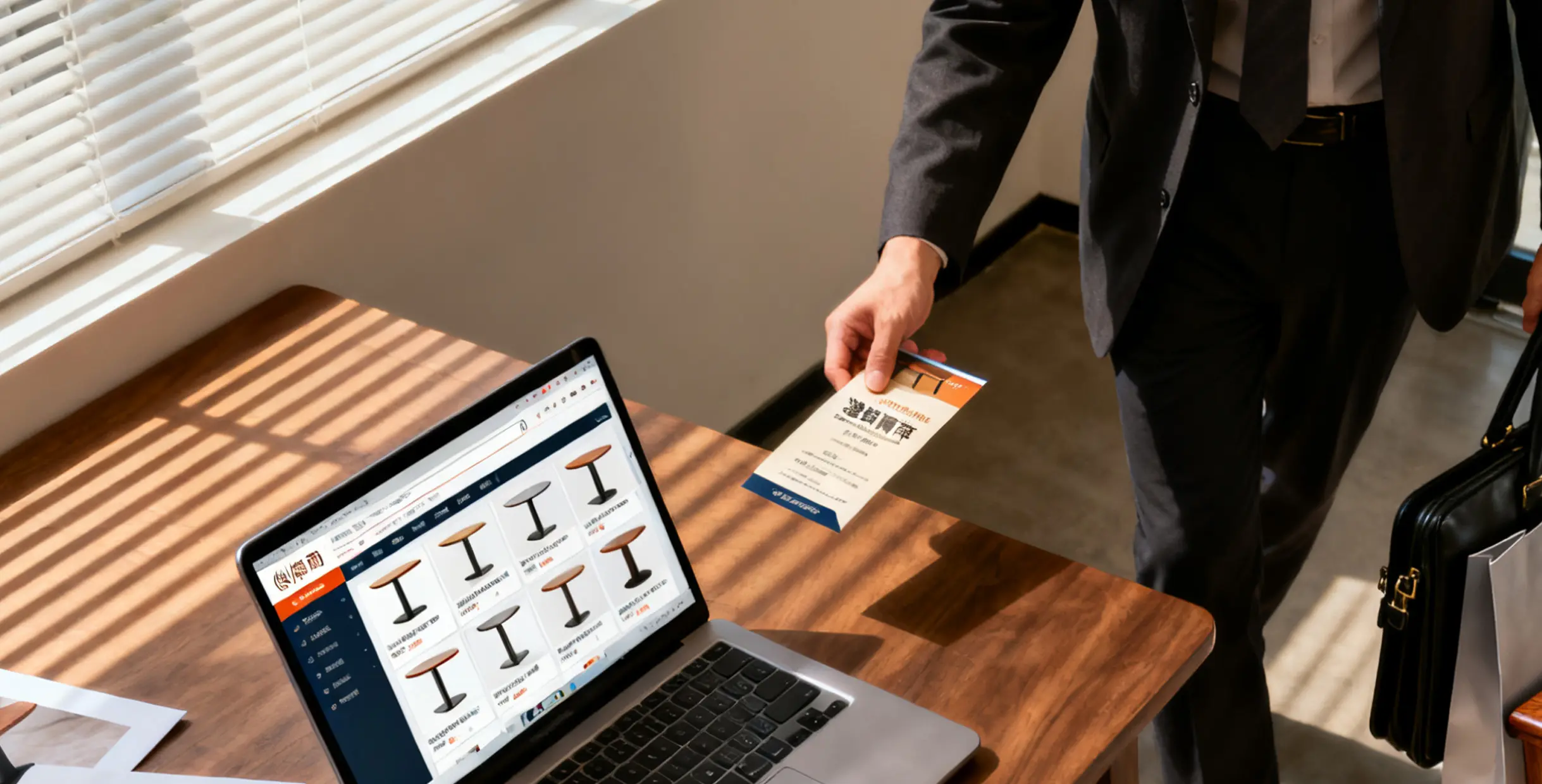 Best Place to Buy Restaurant Furniture Table Base in 2025: Online & Offline5 Customer comparing restaurant table base options online before visiting Mingmeng Furniture showroom