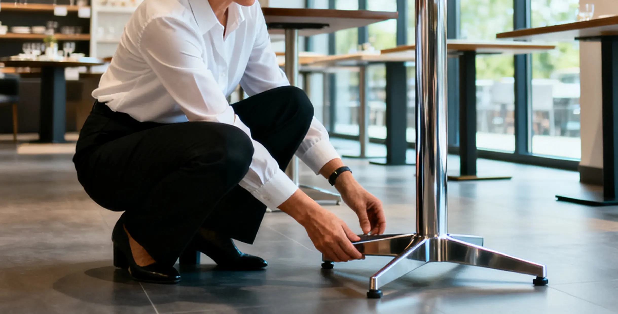 Best Place to Buy Restaurant Furniture Table Base in 2025: Online & Offline Restaurant owner adjusting stainless steel commercial table base in modern furniture showroom