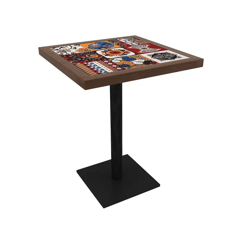 Colorful Vintage Ceramic Restaurant Table2 Square ceramic restaurant table with colorful patterned tile top and black metal base